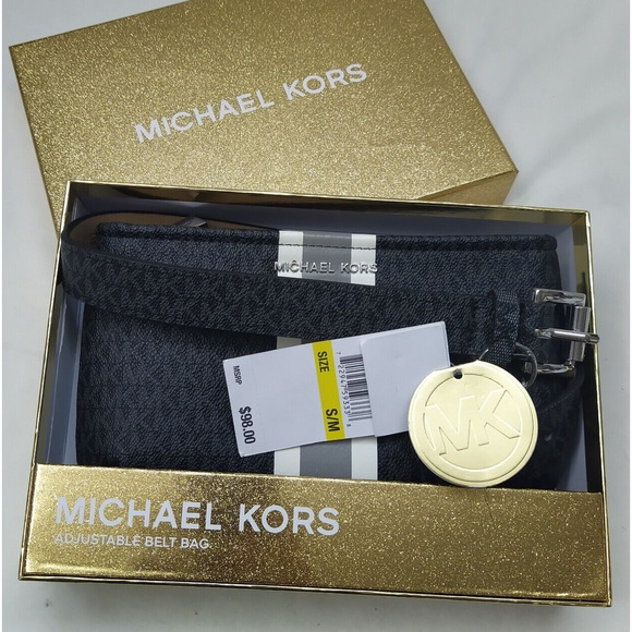 Michael Kors Black Logo Belt Bag Fits Phone With Stripe - NWT $98 - Picture 3 of 16